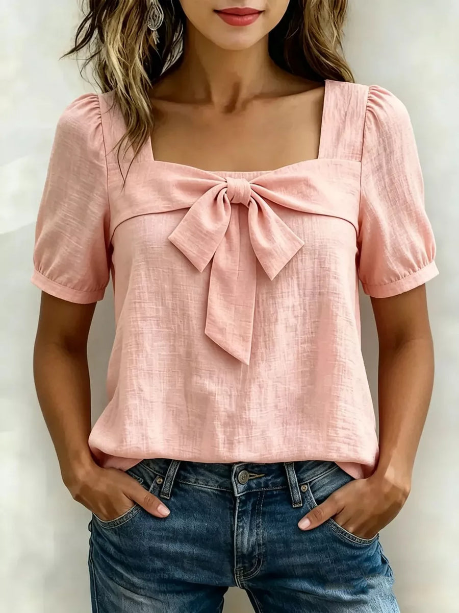 Pink bow tie puff sleeve shirt with square neckline