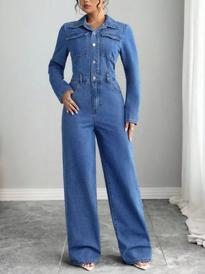 Button Front Long Sleeve Denim Jumpsuit option 3