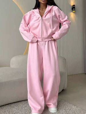 Zip-up Hoodie And Wide-leg Pants Set in Sky Blue with drawstring