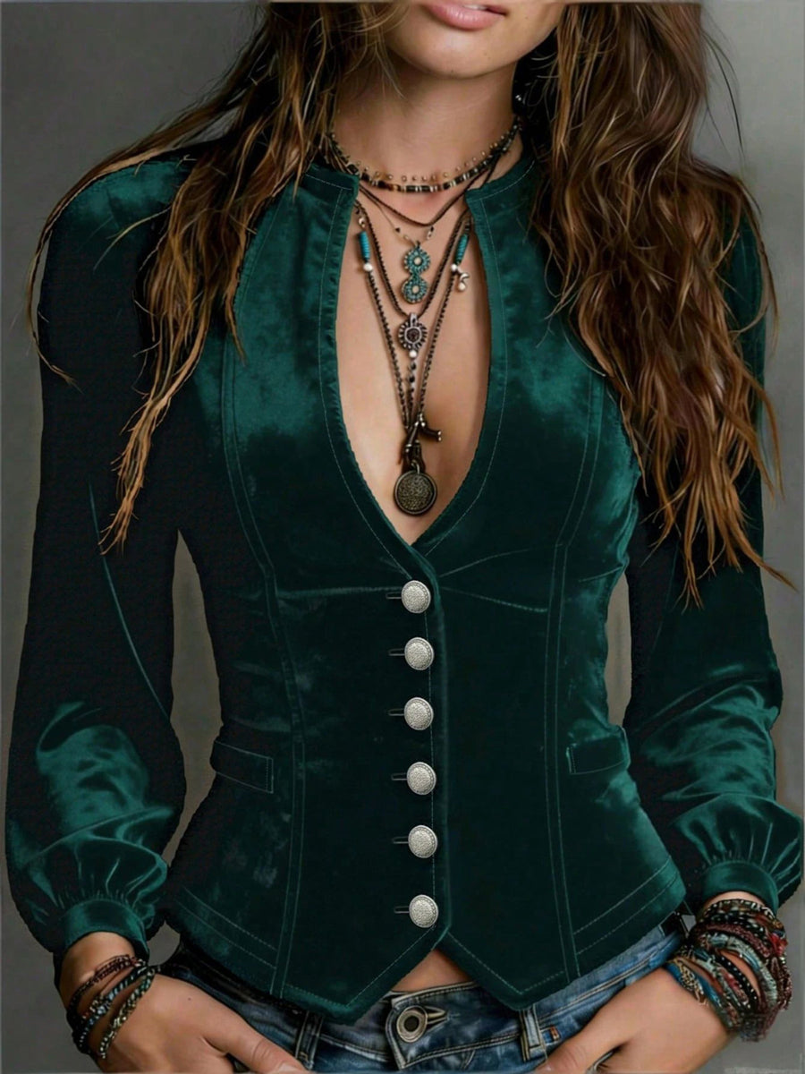 Dark Green fitted blouse with deep v-neck