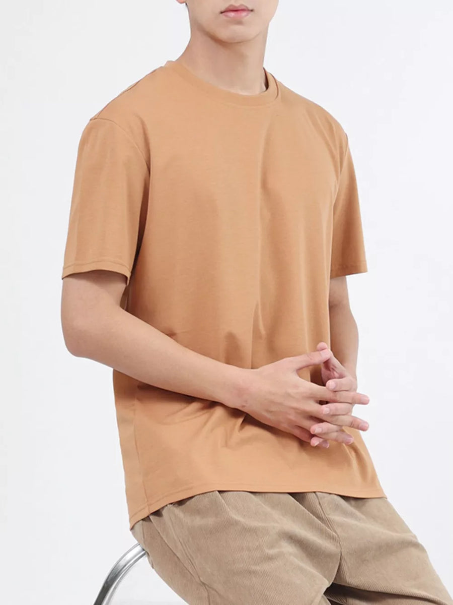 Men's caramel color crew neck t-shirt, short sleeves, cotton, relaxed fit.