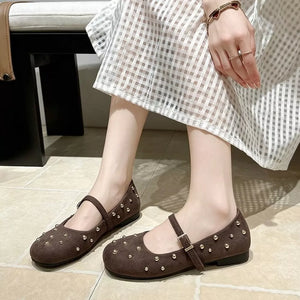 Studded Square Toe Slip-ons in Brown with studded
