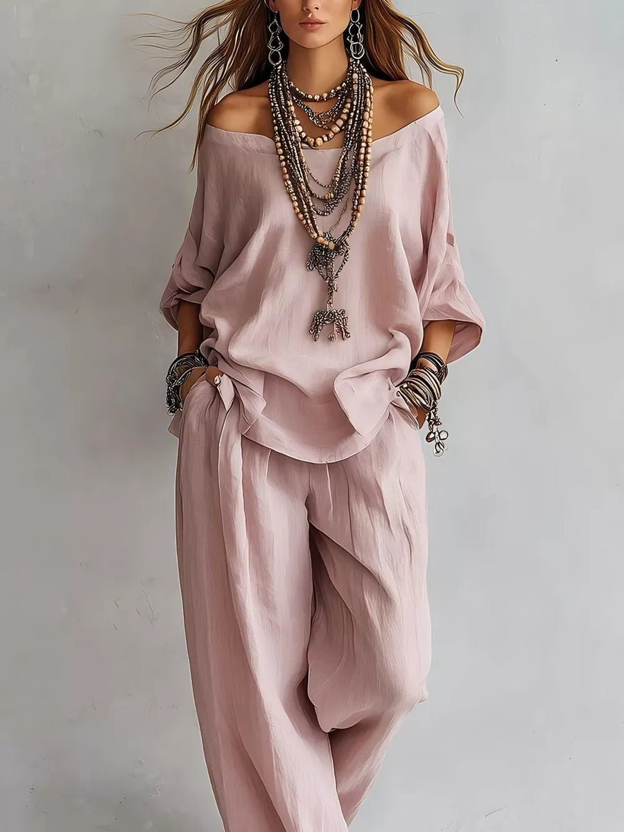 two-piece set in blush pink featuring pocketed and loose fit