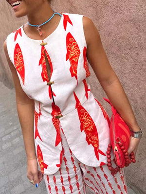 Red fish print sleeveless top and pants set with gold fish buttons