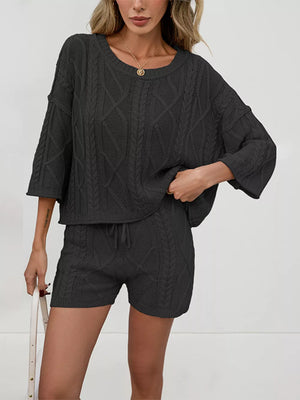 Black lounge set featuring ribbed and cable knit