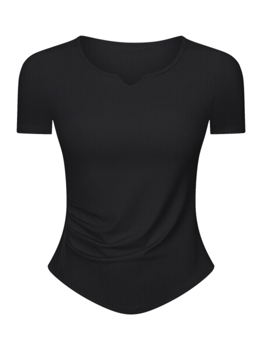 Black ribbed active top with notch neck and ruched side detail