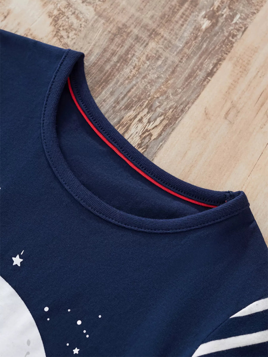 Dark navy 100% cotton long-sleeve tee with Santa sleigh graphic and red neck trim detail.