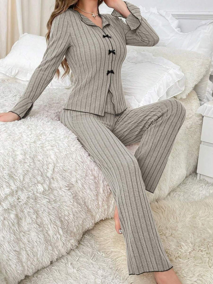 cream slim pajama set with collared
