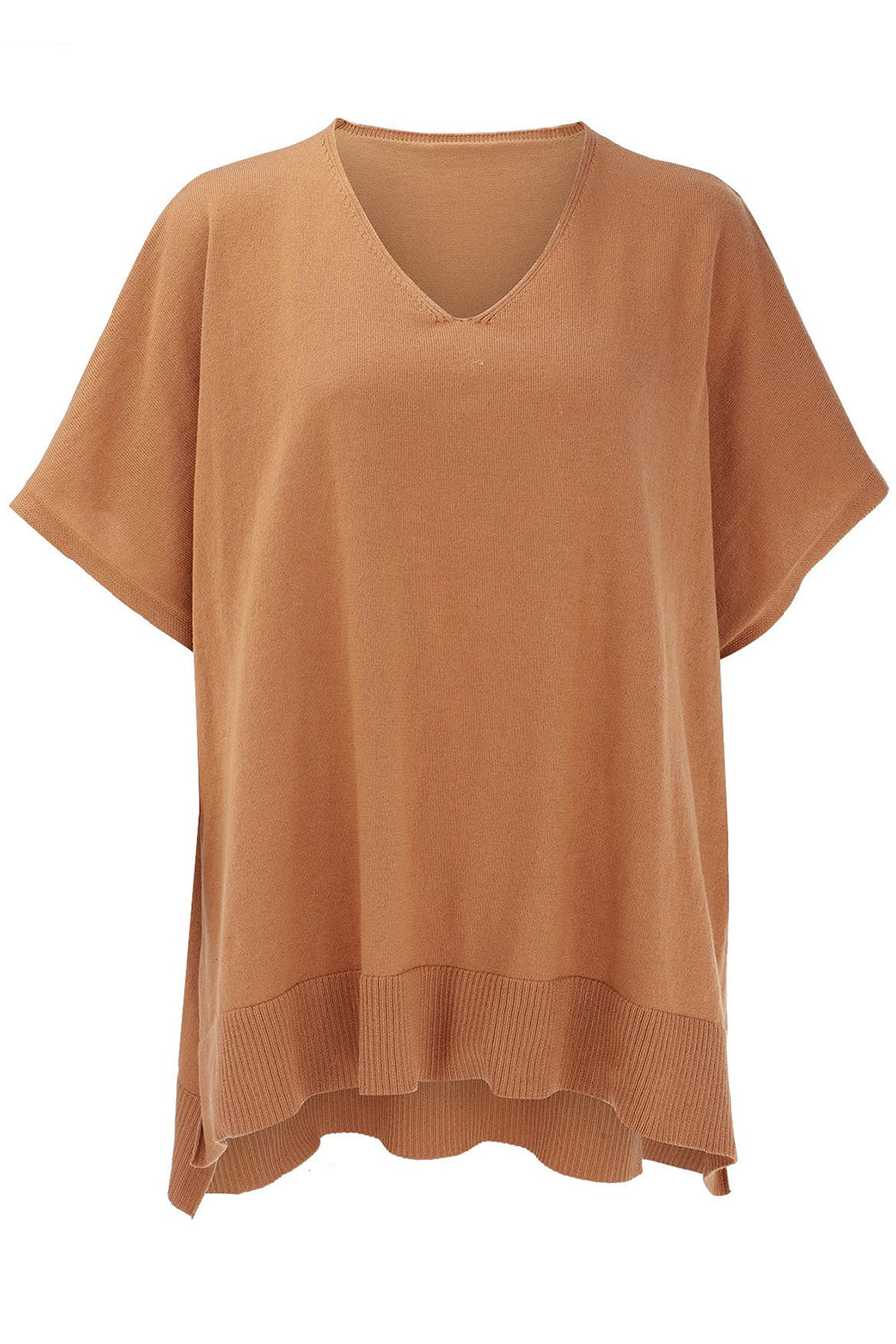 Relaxed V-neck knit poncho top in Caramel with short sleeves and ribbed hem.