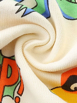 Children's beige crew neck t-shirt with colorful animal print graphic.