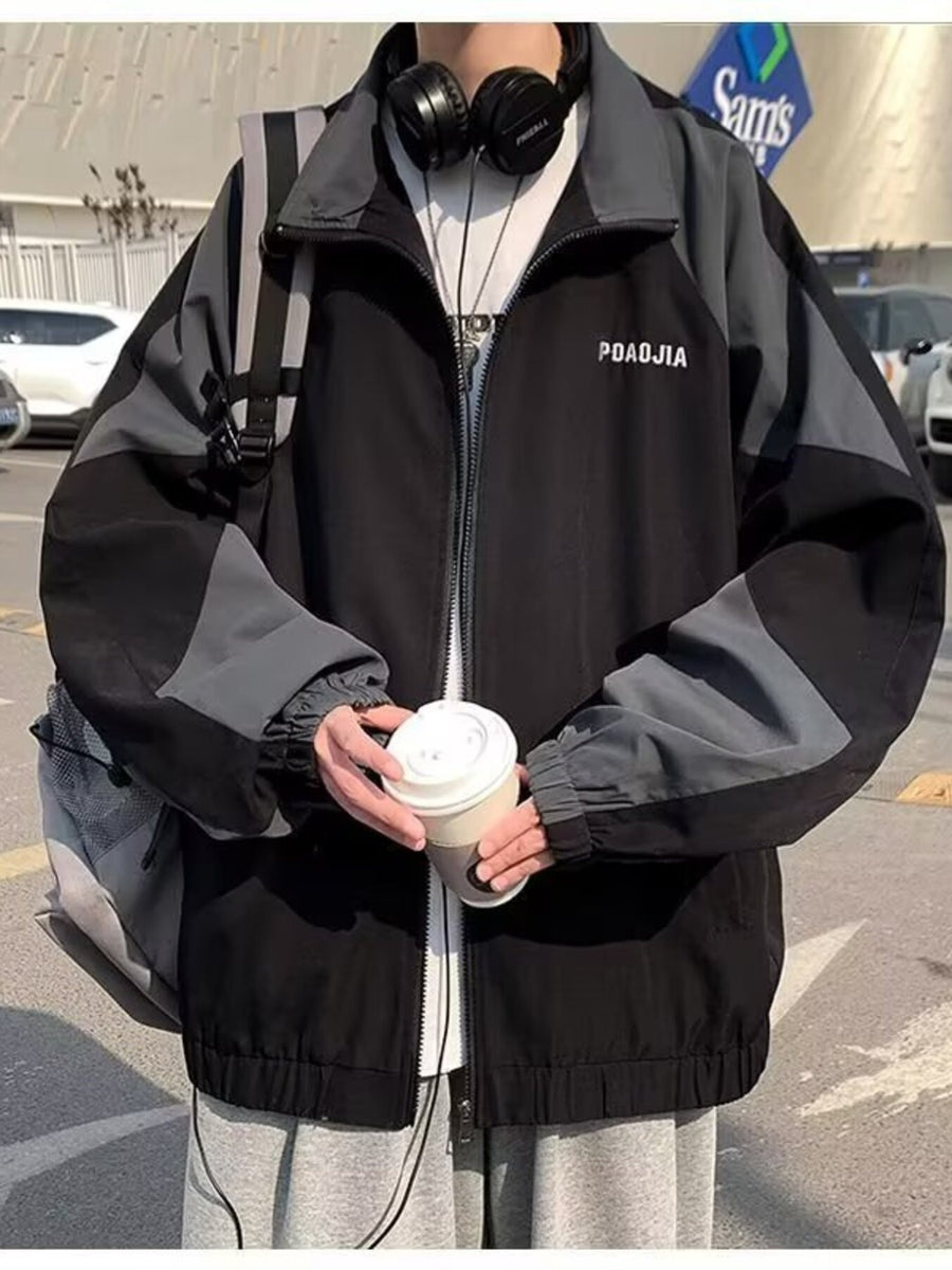 Black and grey colorblock zip-up jacket with long sleeves