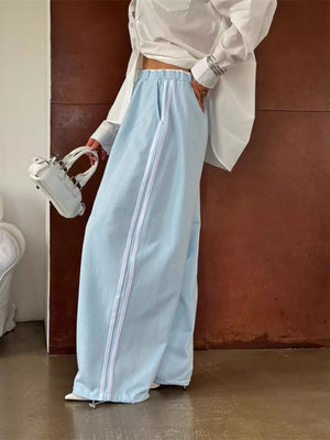 Side Stripes High-waisted Wide-leg Sweatpants in Red with drawstring