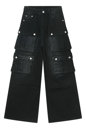Dark denim wide-leg cargo pants with multiple utility pockets and silver button closures.
