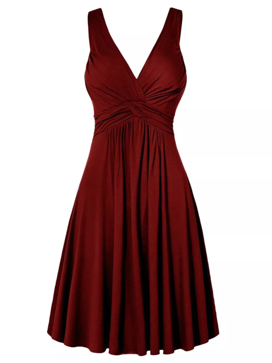 A-line dress in burgundy featuring ruched and A-line fit