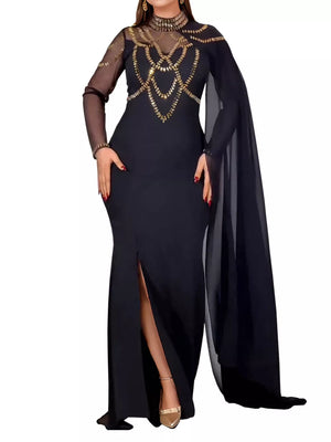 maxi dress in black with mesh and maxi