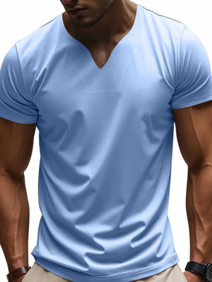 Light blue V-neck performance tee for him with short sleeves and a casual fit.