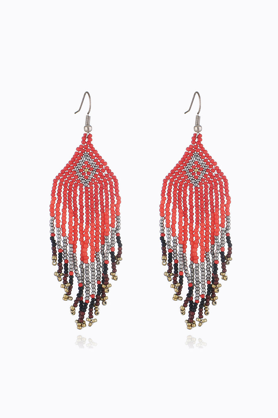 Beaded diamond fringe earrings in red, silver, black, and gold with dangling beads.