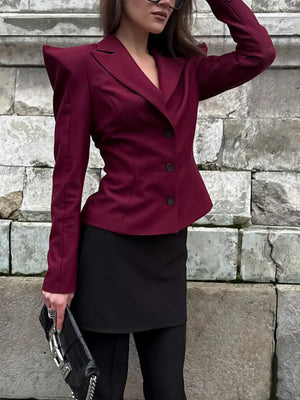 Sharp-Shouldered Tailored Long Sleeve Blazer in Black with sharp shoulders
