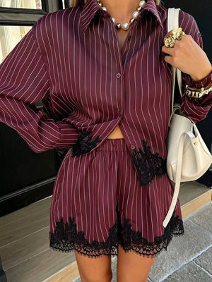 pajama set in charcoal with striped and buttoned