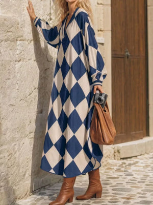 cream maxi dress featuring v-neck and argyle