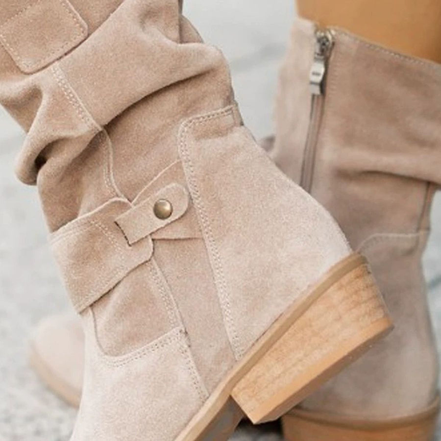 Suede Mid-Calf Boots in Black with low heels