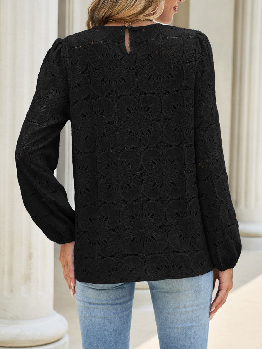 Floral Eyelet Lace Long Sleeve Blouse in Pink