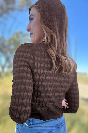Coffee Brown blouse featuring sheer and geometric