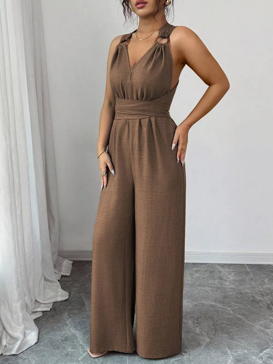 navy blue jumpsuit with v-neck and sleeveless
