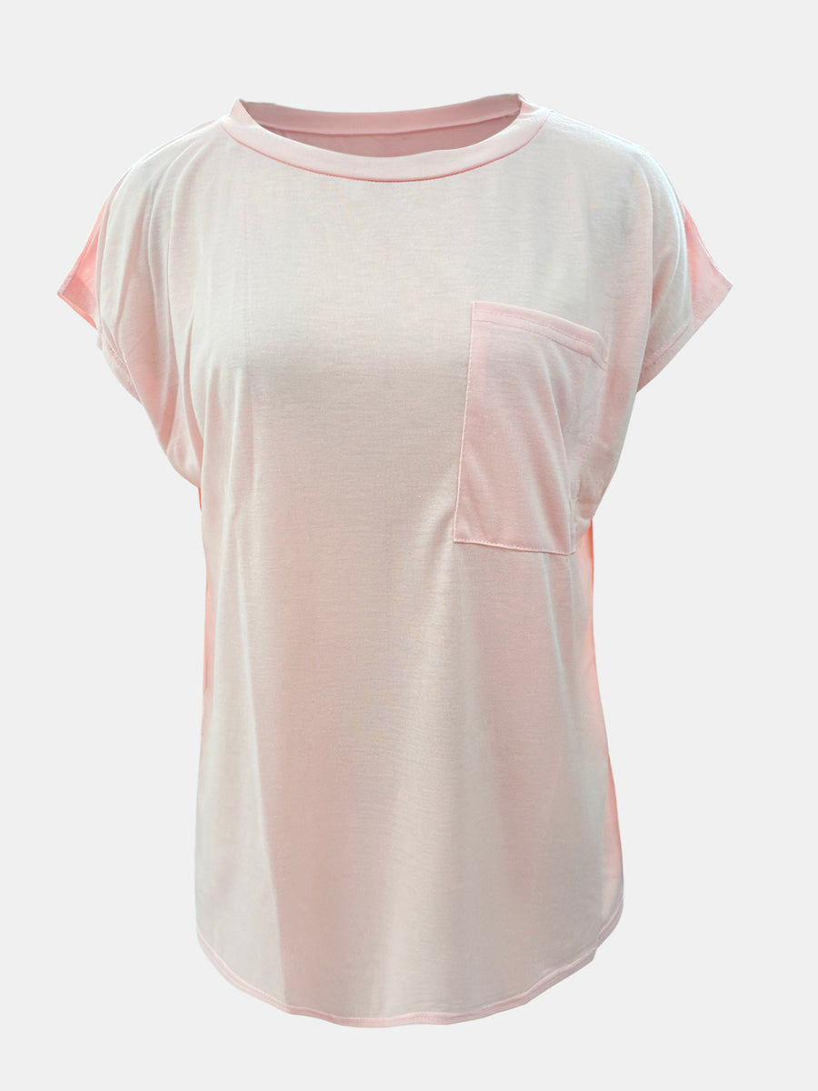 Relaxed fit tee in watermelon pink with cap sleeves and a chest pocket.