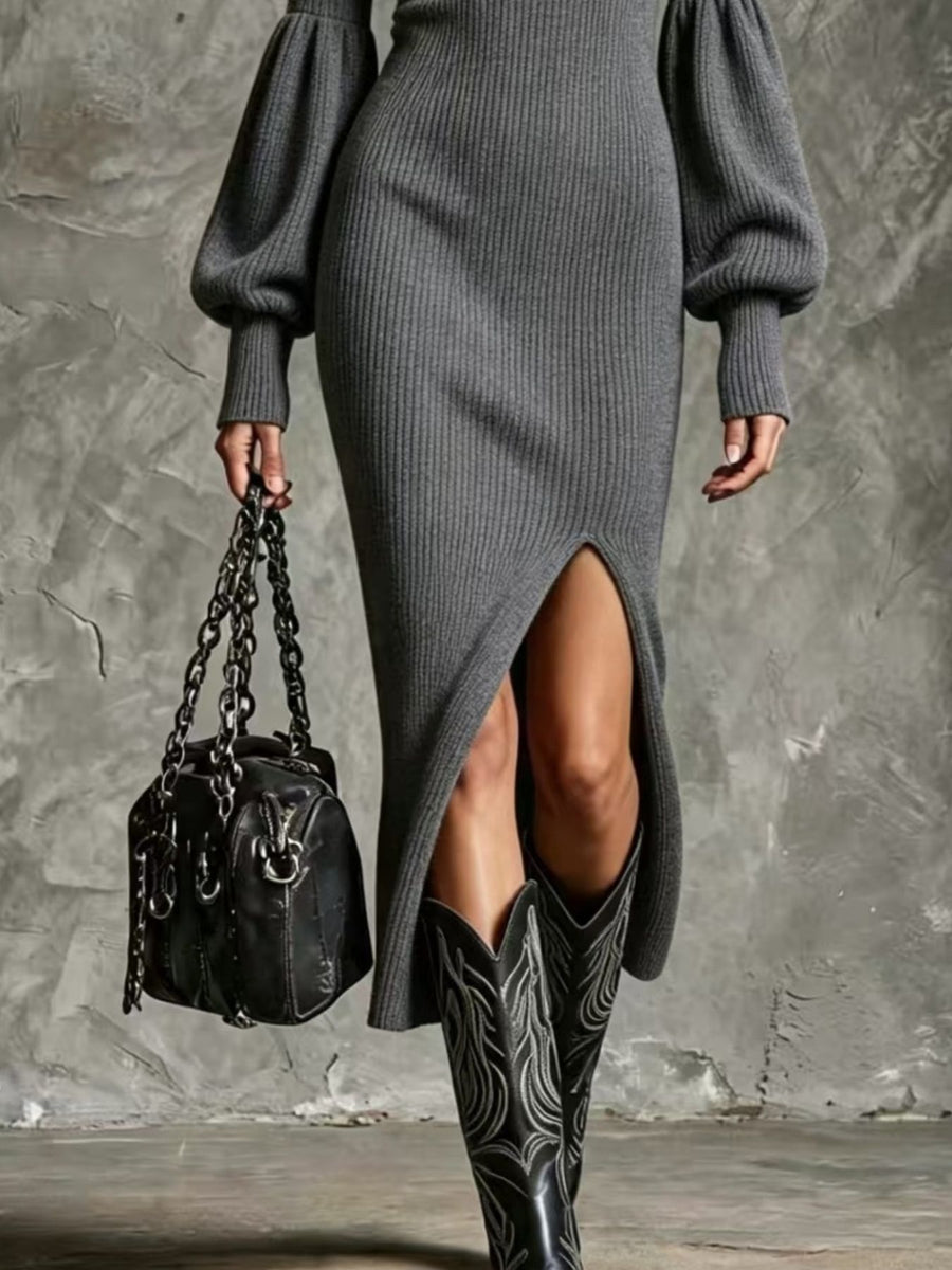 modern sweater dress in rust with mock neck