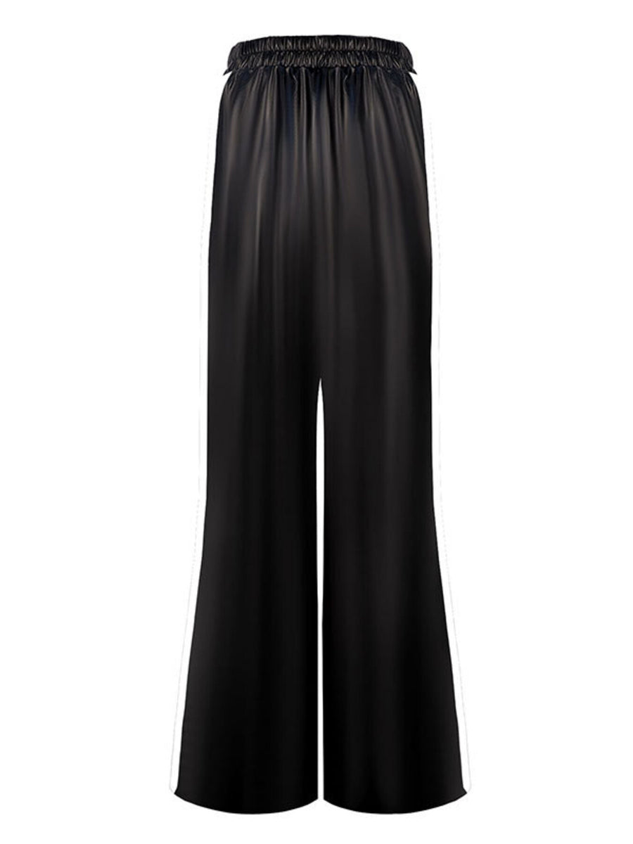 Black faux leather wide leg track pants with elastic waistband