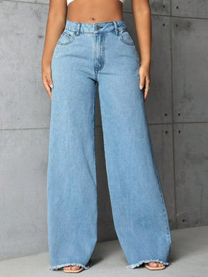 light blue jeans with full-length and button-front