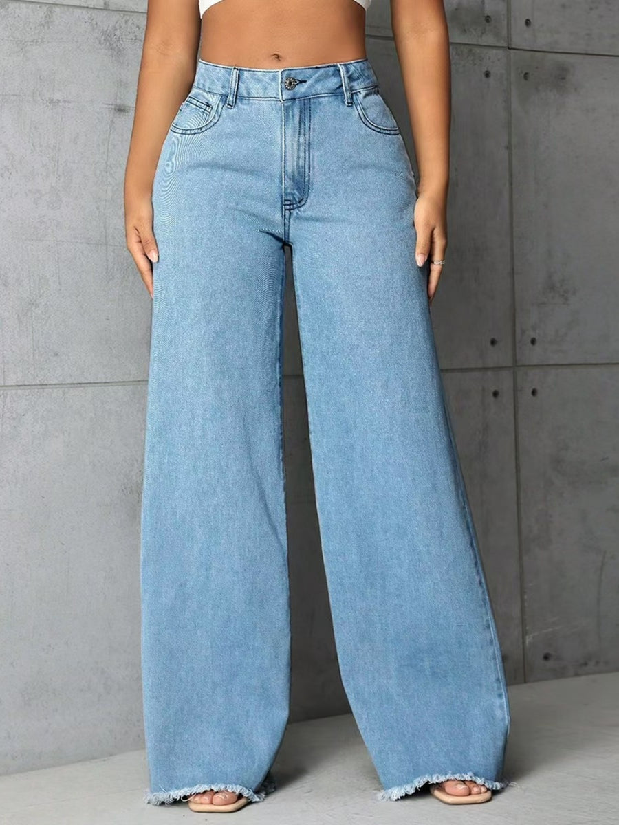 light blue jeans with full-length and button-front