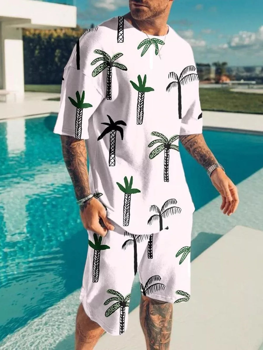 Aqua Men's Palm Tree Print Top And Shorts Set Plus Size