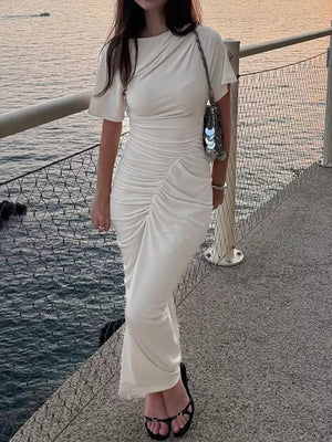 Apricot with Ruched Short Sleeve Maxi Dress
