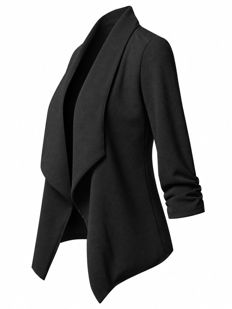 Burgundy blazer with hip-length and open-front