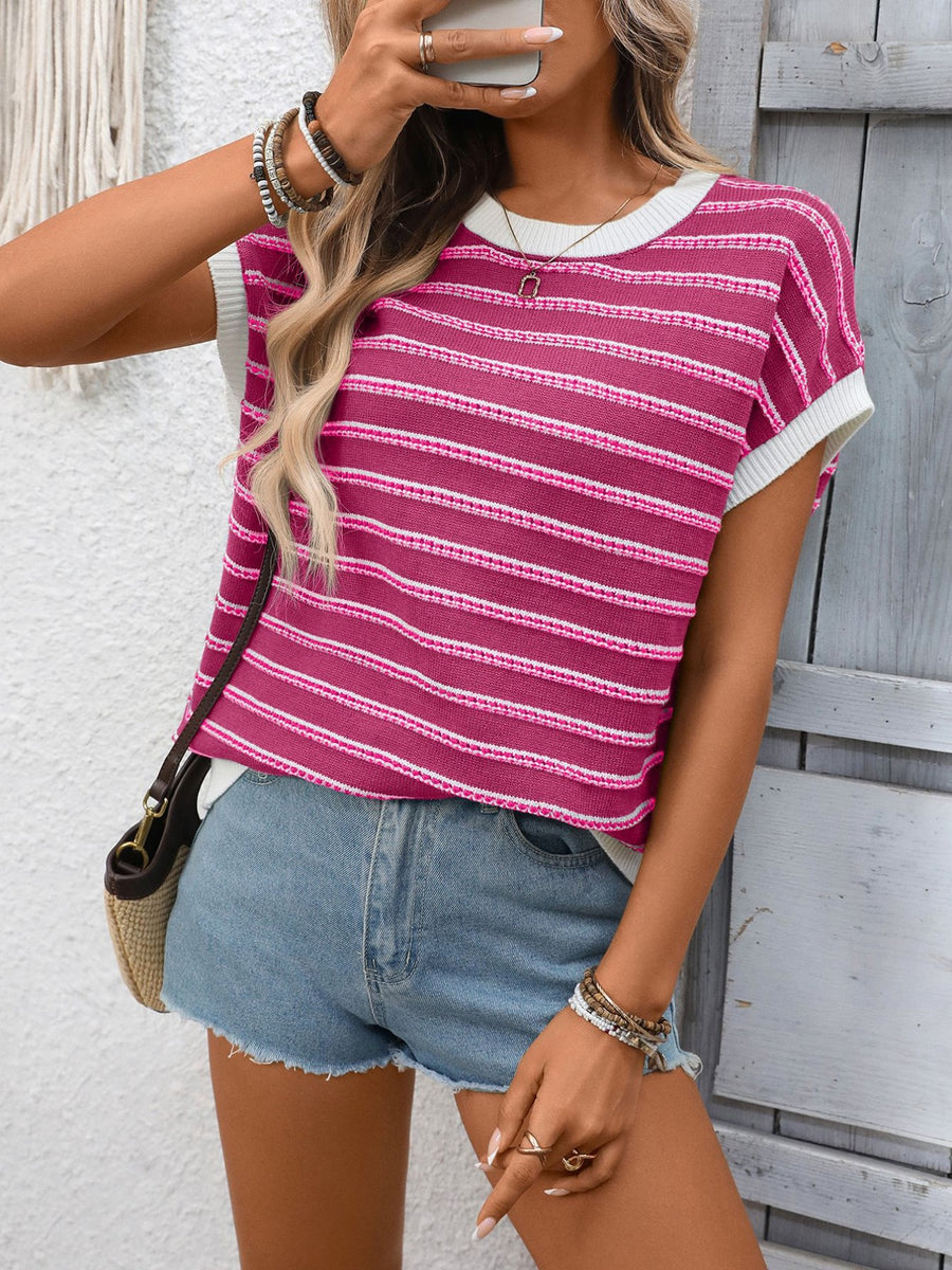 Rose red striped short sleeve knit top with white trim and crew neck.