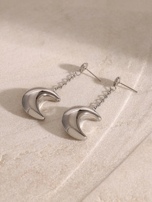 Silver celestial crescent drop earrings with chain detail