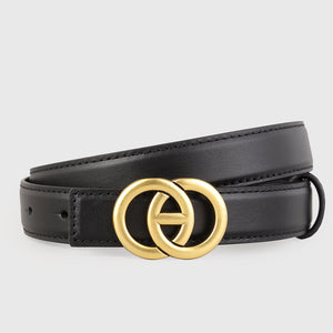 Black leather belt with double circle gold buckle