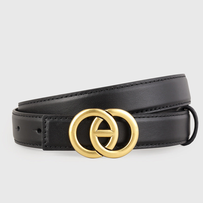 Black leather belt with double circle gold buckle
