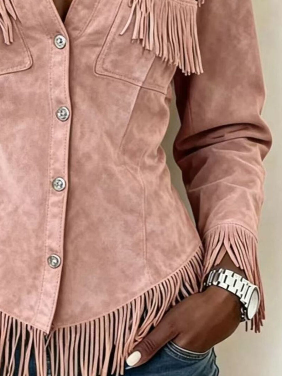 Full Size Fringed Snap Down Jacket in Dark Brown with fringe