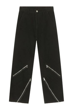 Black straight leg jeans with multiple diagonal zipper details on the legs.