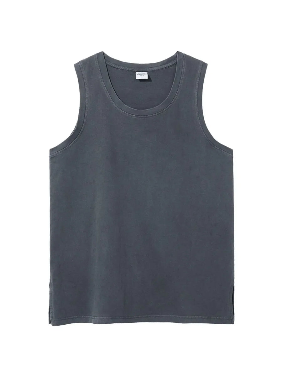 Gray relaxed fit tank top with crew neck and side slits.