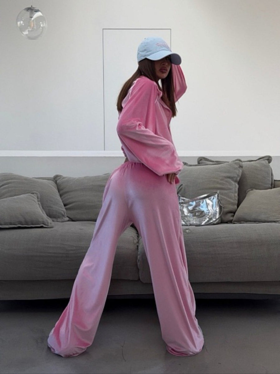 Zip Up Long Sleeve Top And Pants Set in Red