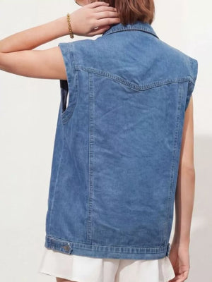 Blue vest with tunic-length and button-front