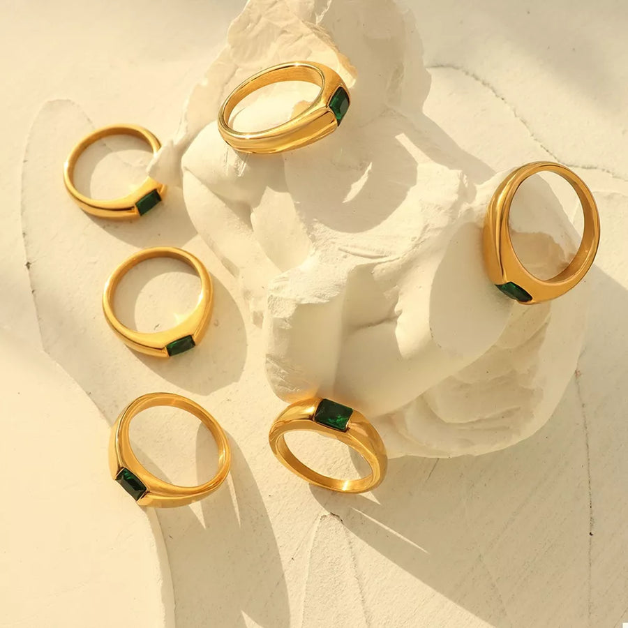 18k Gold-plated Titanium Steel Zircon Ring in emerald green with gold-plated