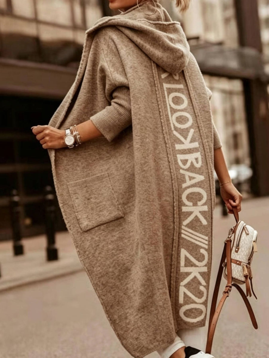 camel cardigan with lettering and hooded