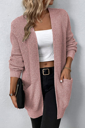 Dusty pink waffle knit longline cardigan with pockets and open front