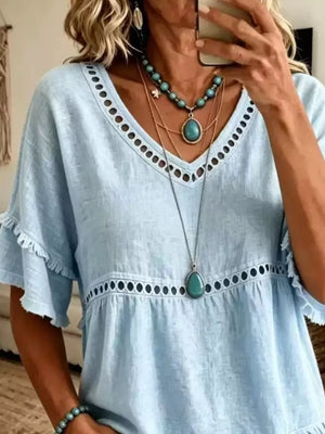 Eyelet V-neck Frayed Edge T-shirt in Light Blue with eyelet