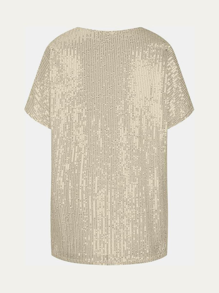 Brass sequin slouchy v-neck top with short sleeves